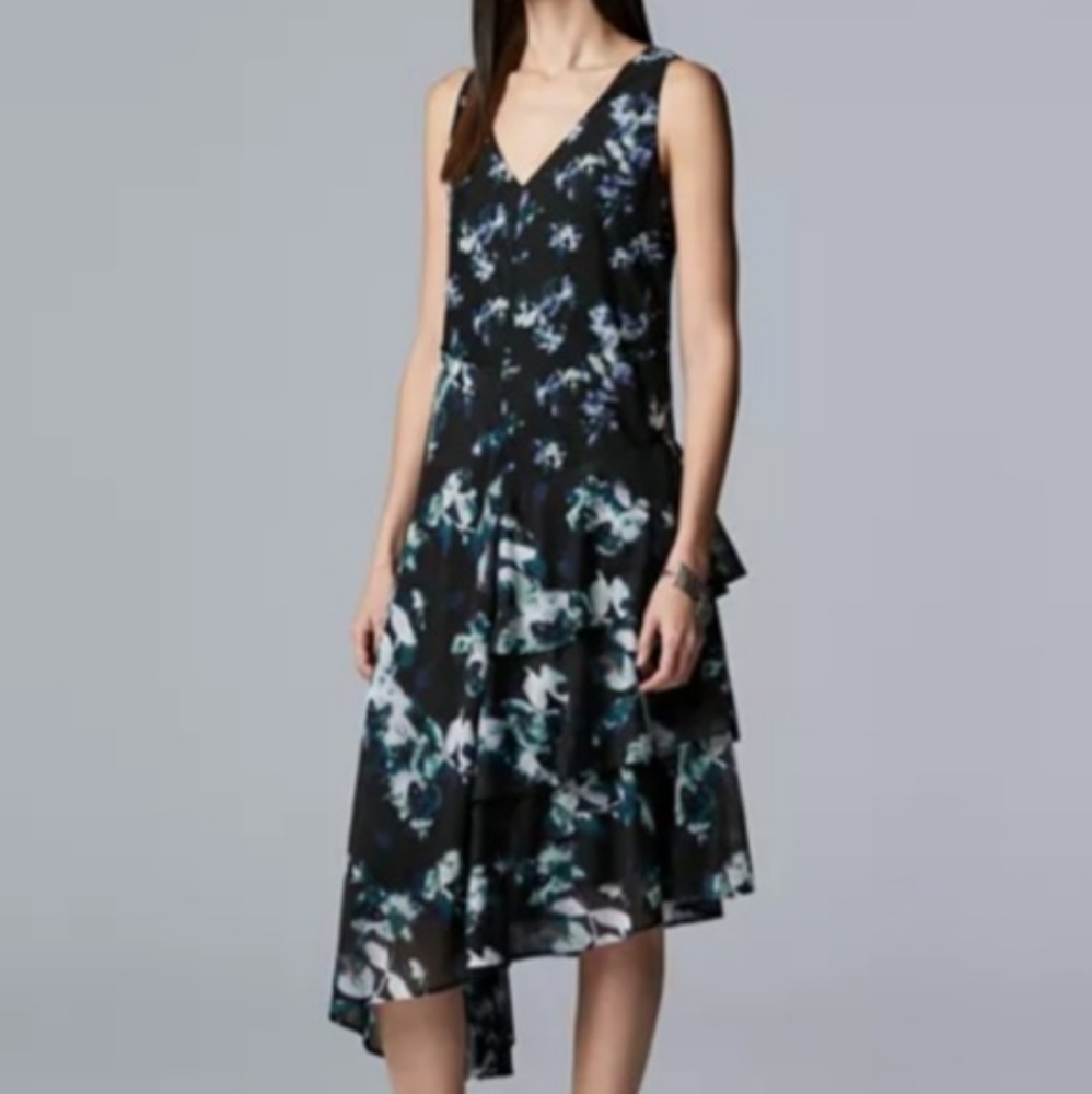 Simply Vera Wang Assymetrical Ruffle Black Blue Print Spring Dress Lined Small